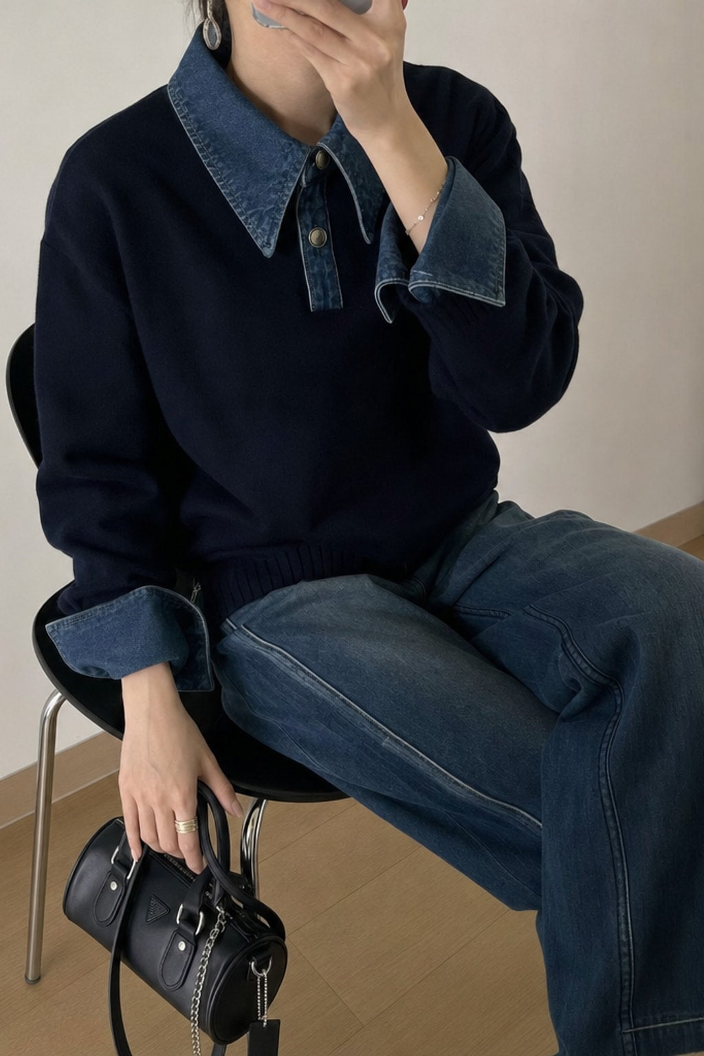Knit Panel Lapel Relaxed Sweater - 2