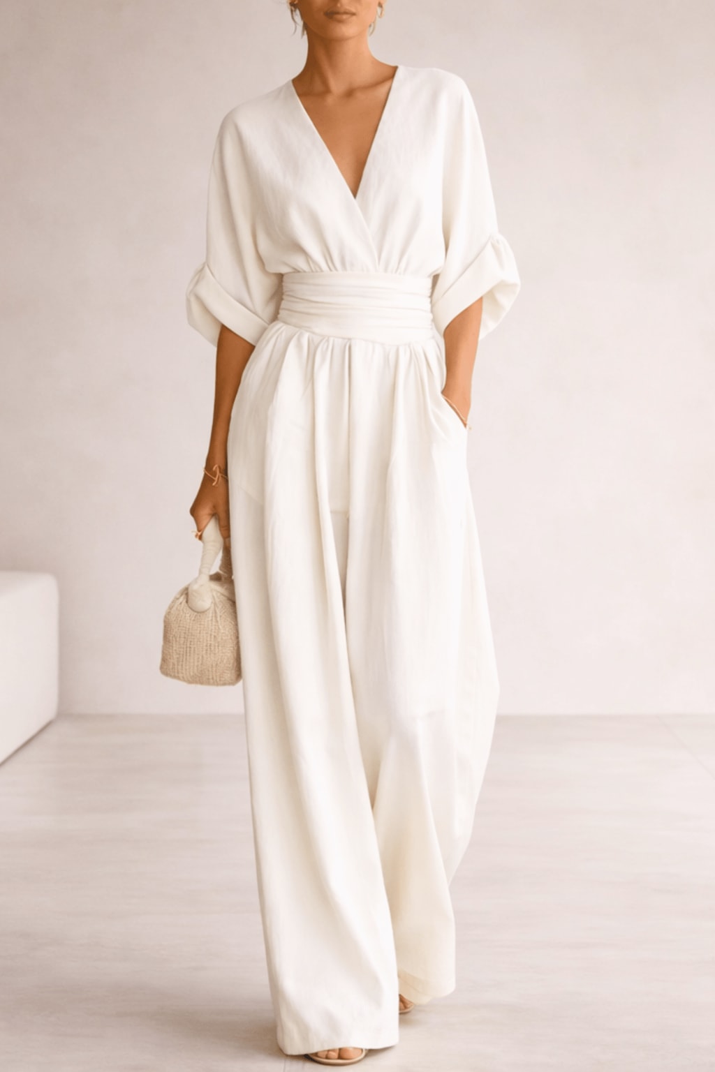 Lightweight Wide Leg V-Neck Jumpsuit - 2