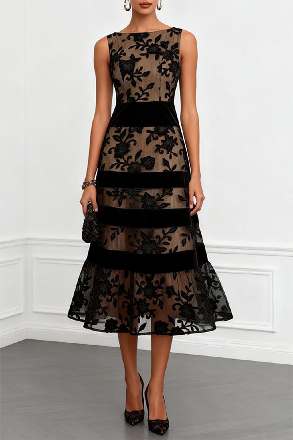 Mesh Lace Colorblock Boat Neck A-Line Midi Dress - 2