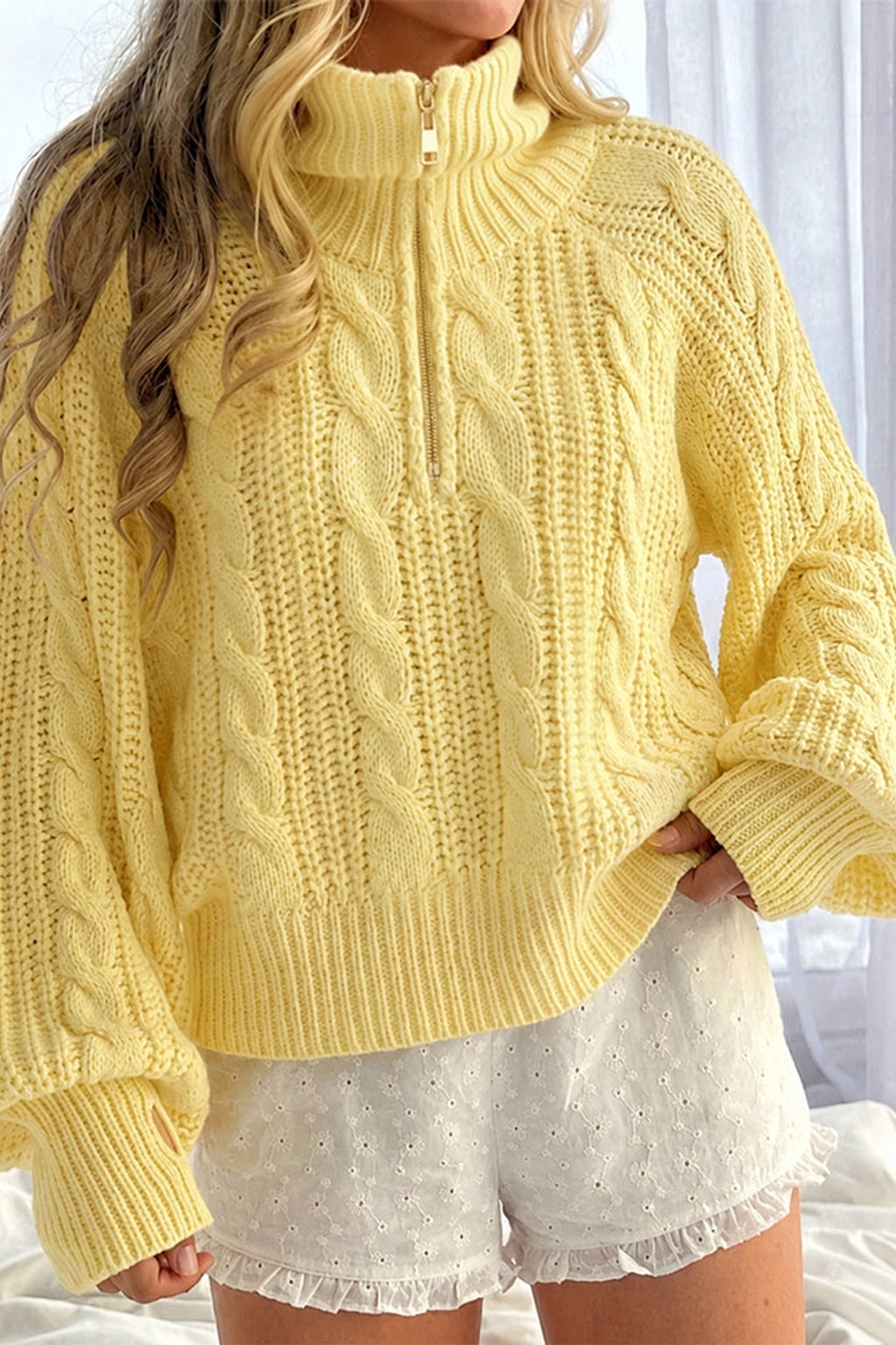 Cable Knit Half-Zip Sweater with Thumbhole Cuffs - 2
