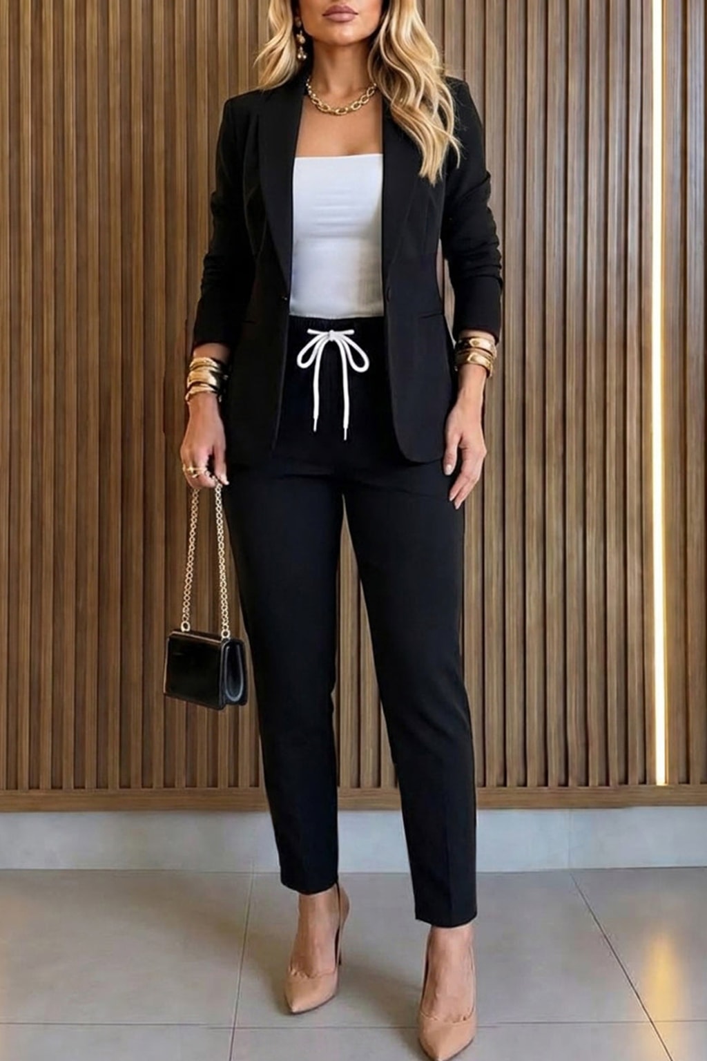 Black Viscose Blend Shawl Collar Blazer and Pants Set - 2
