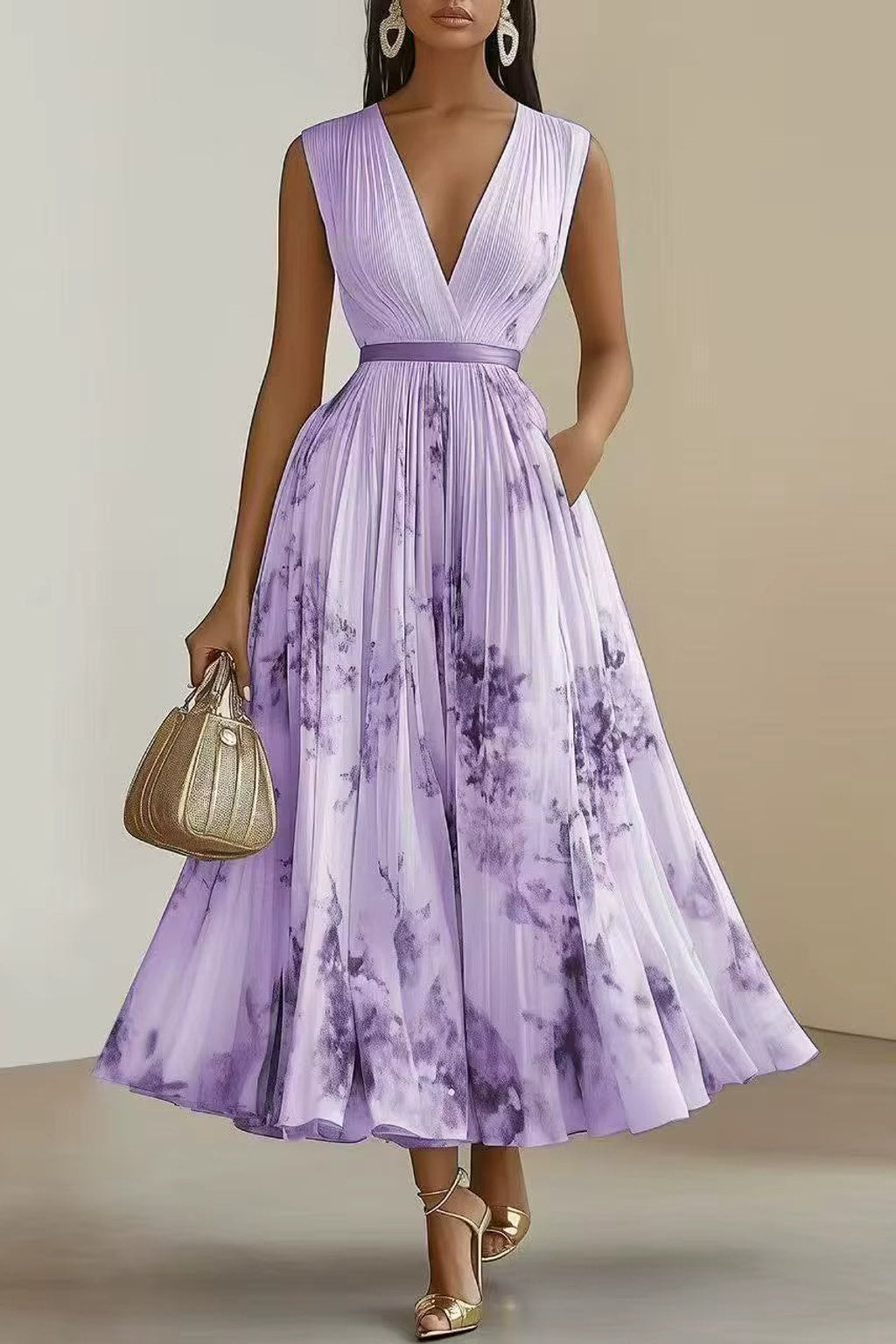 Elegant Pleated Maxi Dress With Adjustable Waist Tie - 6