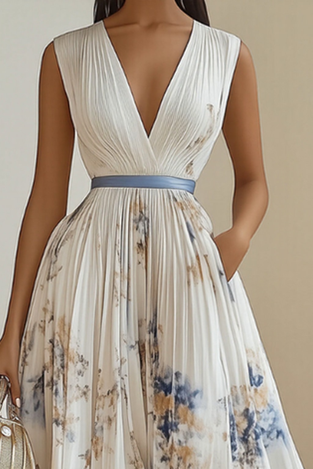 Elegant Pleated Maxi Dress With Adjustable Waist Tie - 3