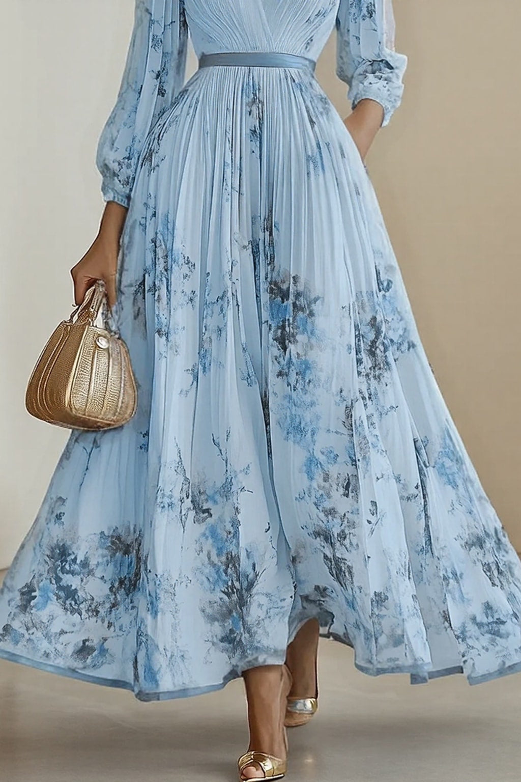 Elegant Pleated Maxi Dress With Adjustable Waist Tie - 11