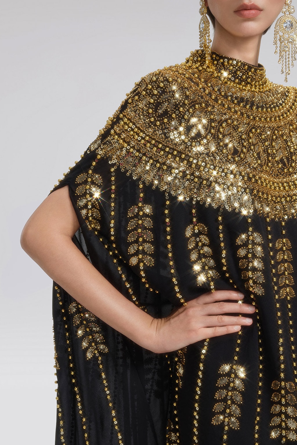 Beaded Rhinestone Cape-Sleeve Maxi Dress - 3