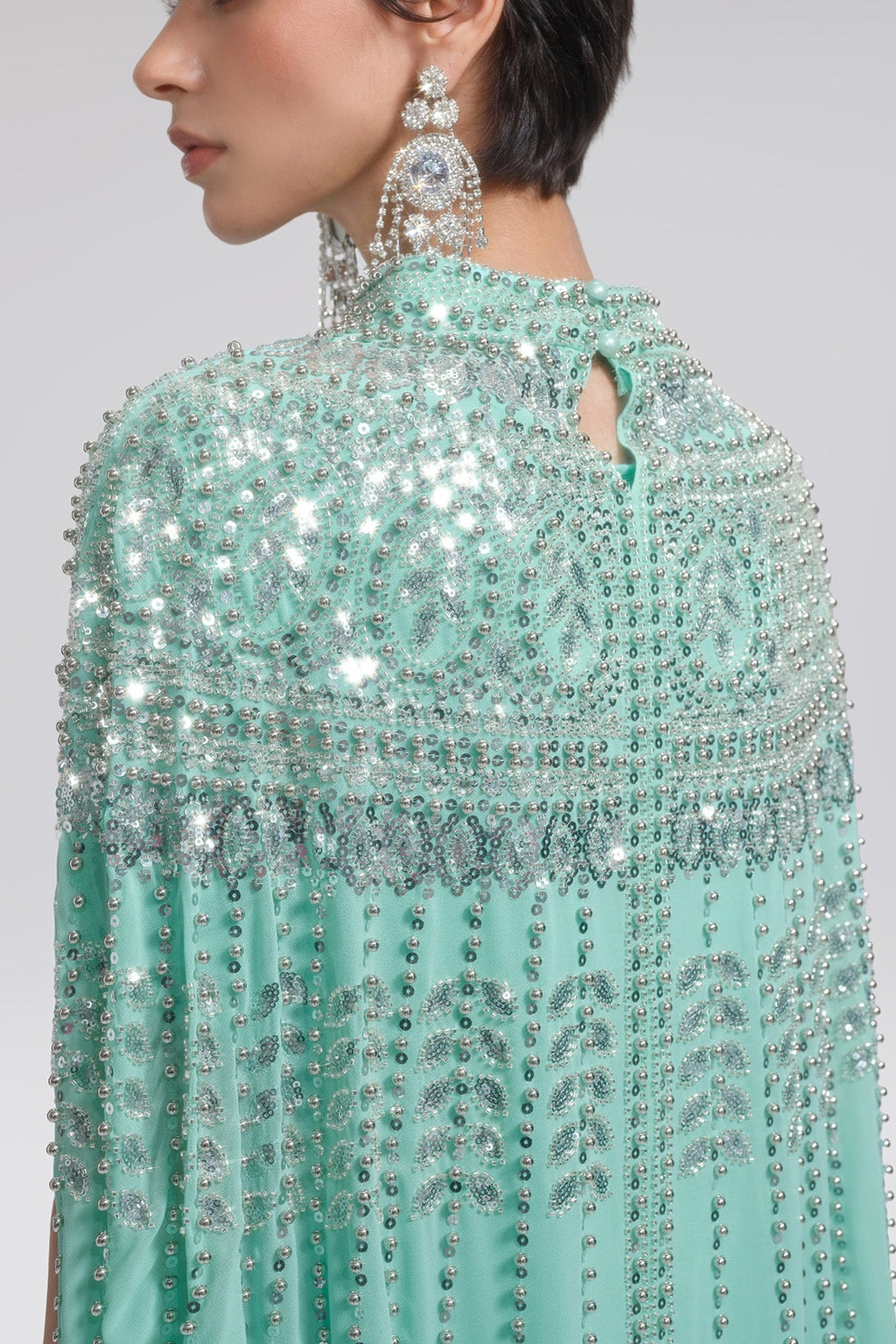 Beaded Rhinestone Cape-Sleeve Maxi Dress - 9