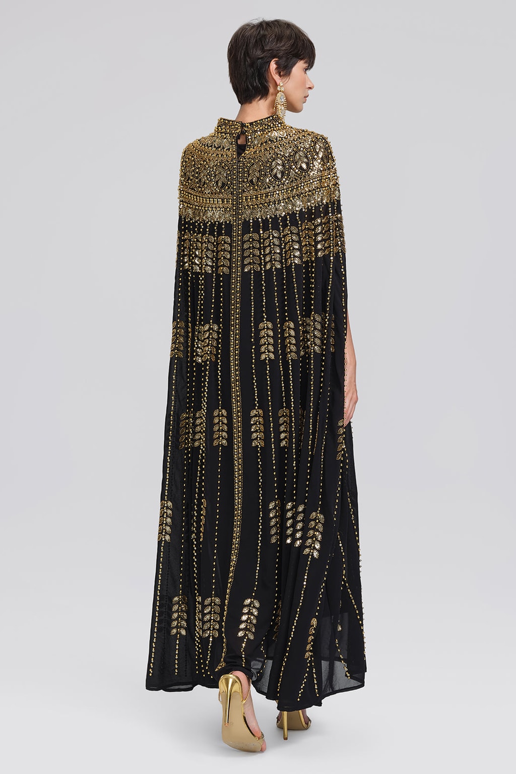 Beaded Rhinestone Cape-Sleeve Maxi Dress - 6