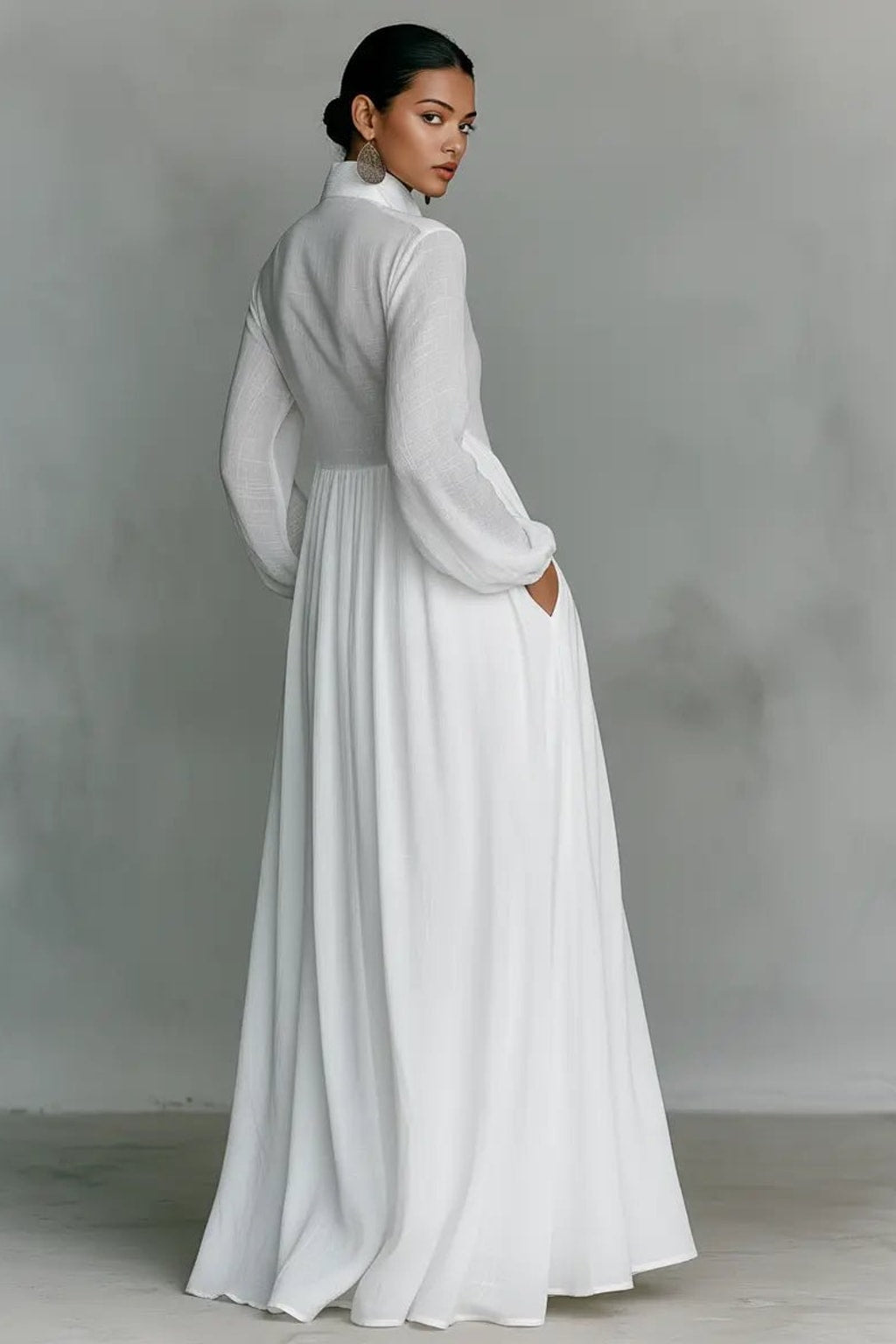 Elegant Cotton Linen Blend Button Front Maxi Dress Flowy Silhouette - 8