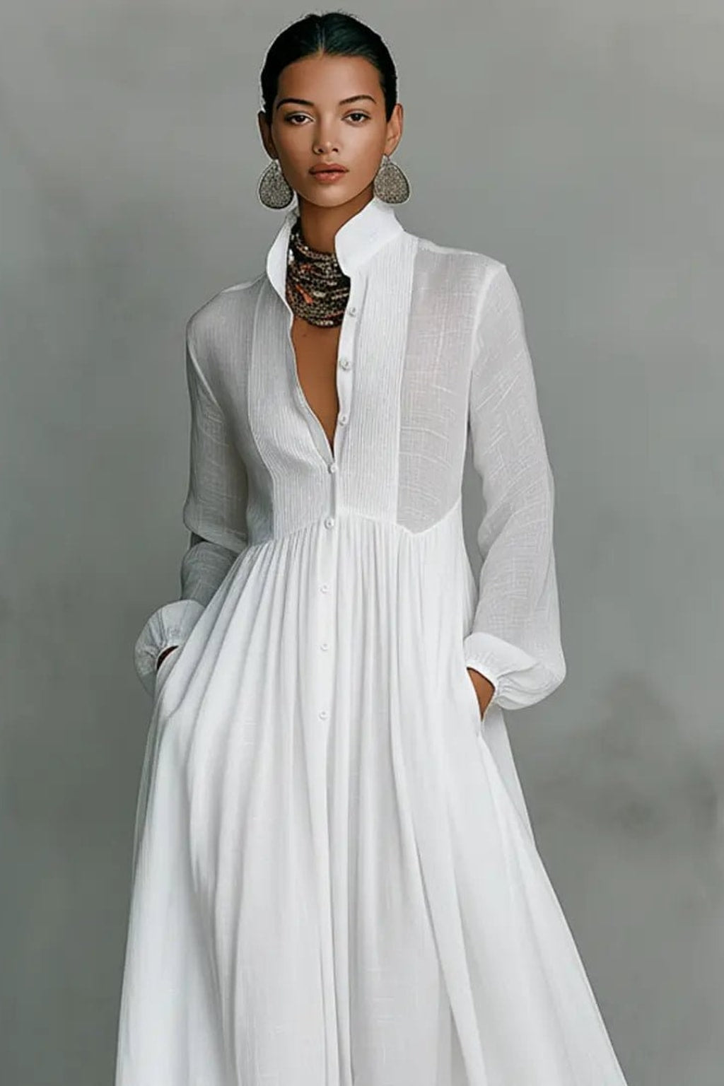 Elegant Cotton Linen Blend Button Front Maxi Dress Flowy Silhouette - 5