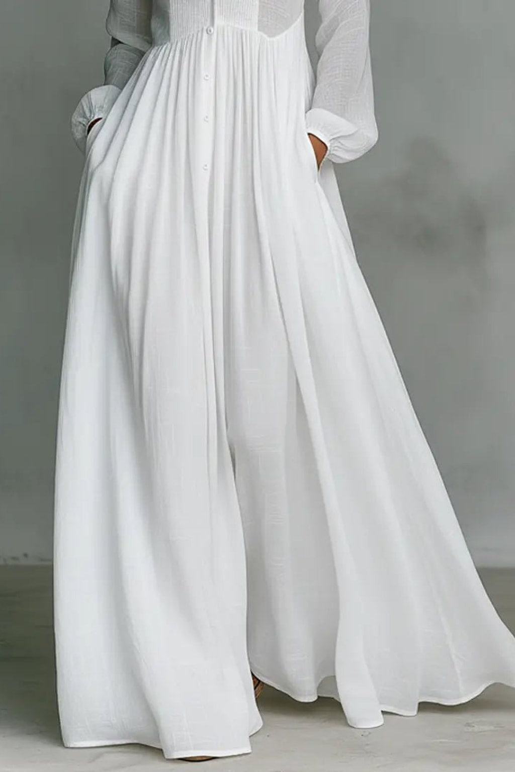 Elegant Cotton Linen Blend Button Front Maxi Dress Flowy Silhouette - 6
