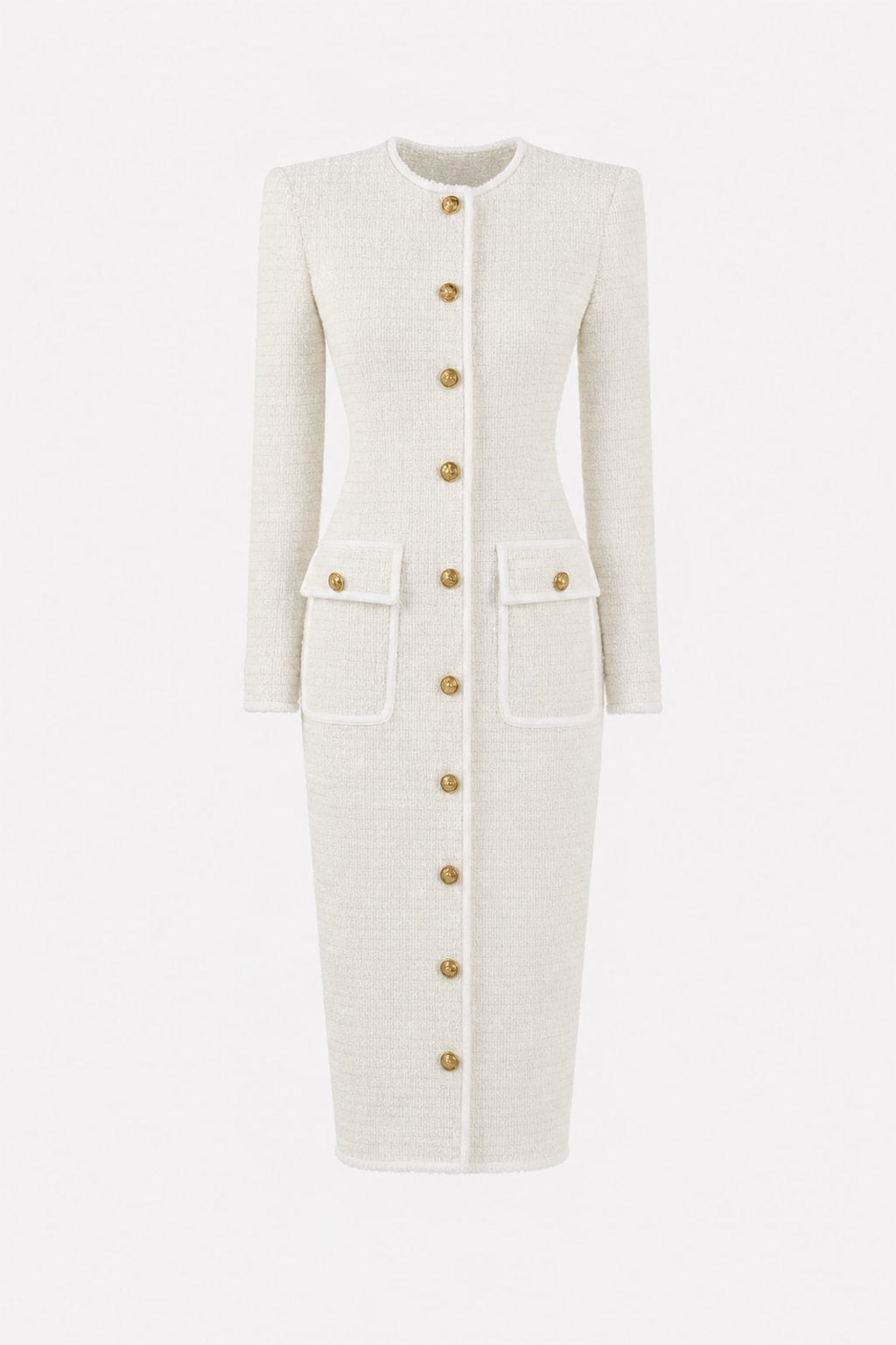 Elegant Tweed Button Front Midi Dress With Patch Pocket Detail - 1