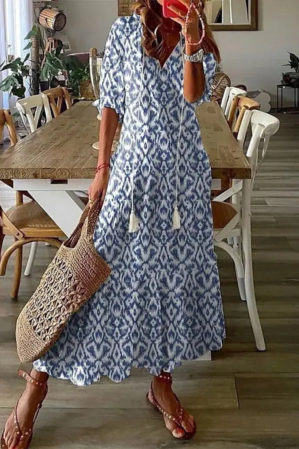 Effortless Flowy Boho Midi Dress with Flattering Fit - 2