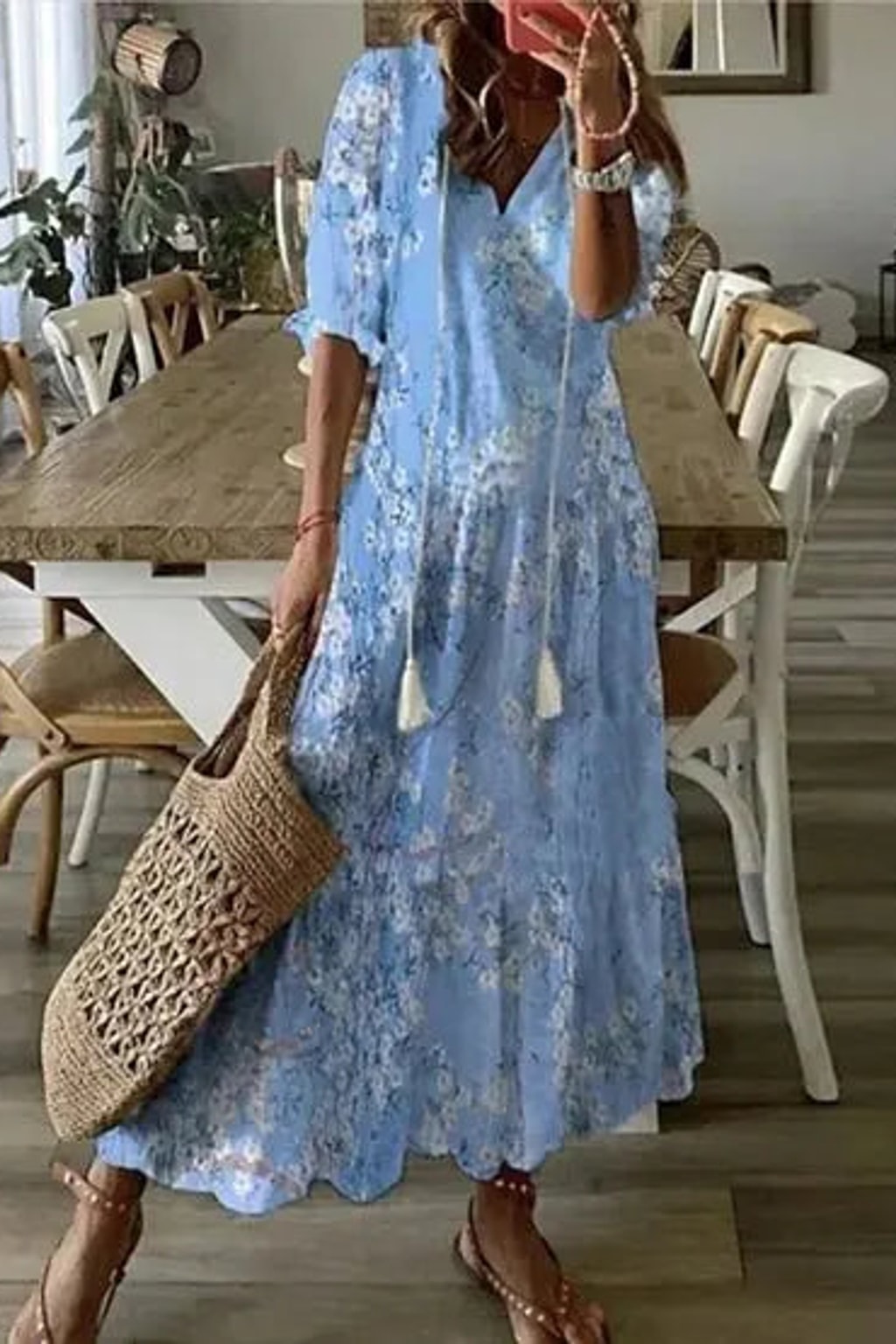Effortless Flowy Boho Midi Dress with Flattering Fit - 5