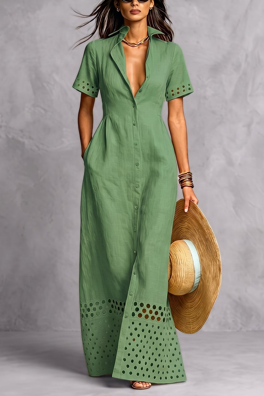 Elegant Linen Blend Maxi Dress with Split-Front Design - 7