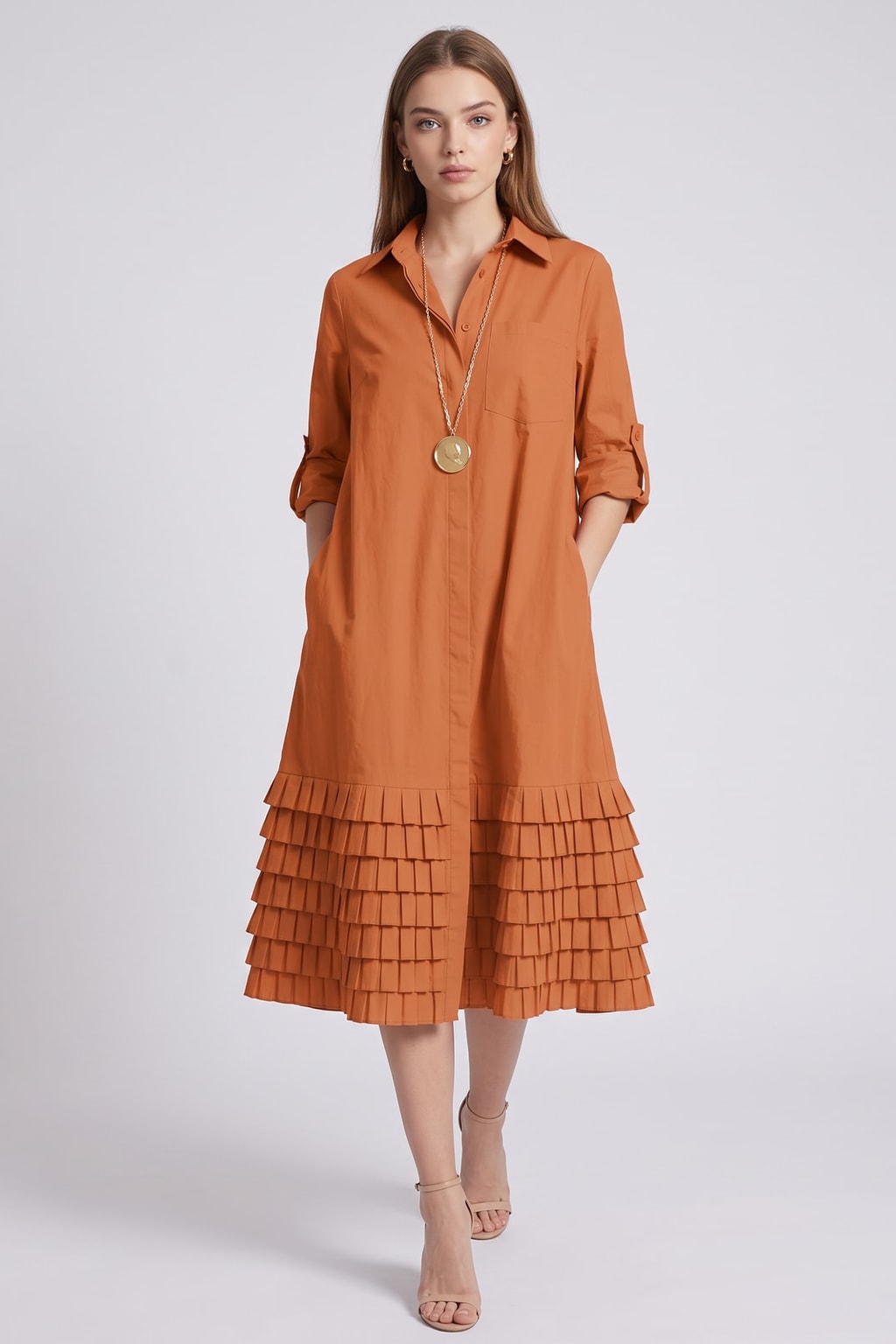 Elegant Cotton A-Line Midi Shirt Dress With Pleated Layers - 5