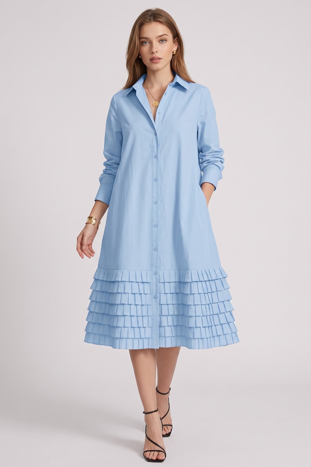 Elegant Cotton A-Line Midi Shirt Dress With Pleated Layers - 2