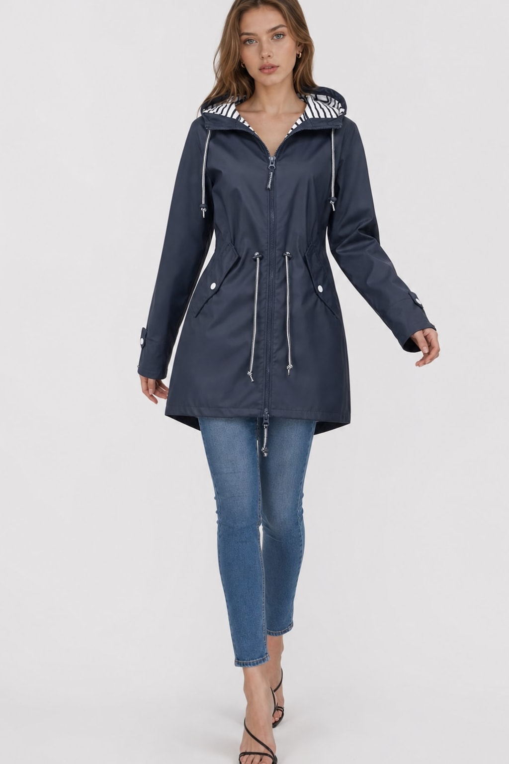 Cozy Water Repellent Hooded Rain Jacket with Drawstring Waist - 2