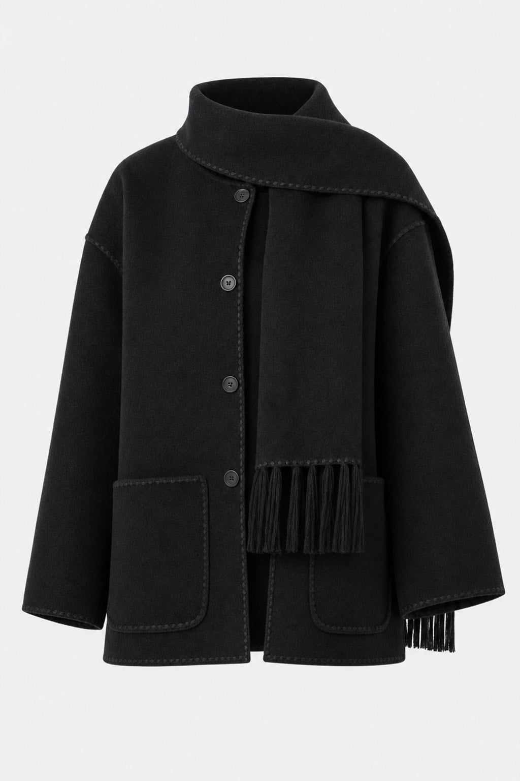 Cozy Wool-Blend Draped Coat With Attached Scarf - 1