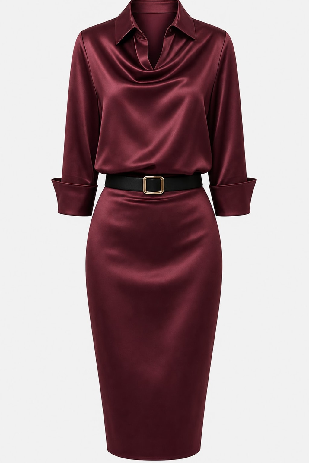 Elegant Satin Midi Dress with Lapel Collar - 1