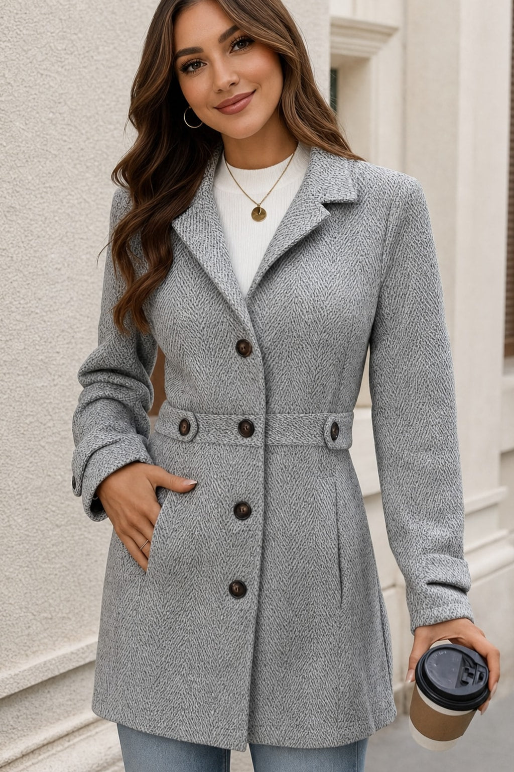 Elegant Herringbone Coat With Waist Defining Tailored Fit - 2