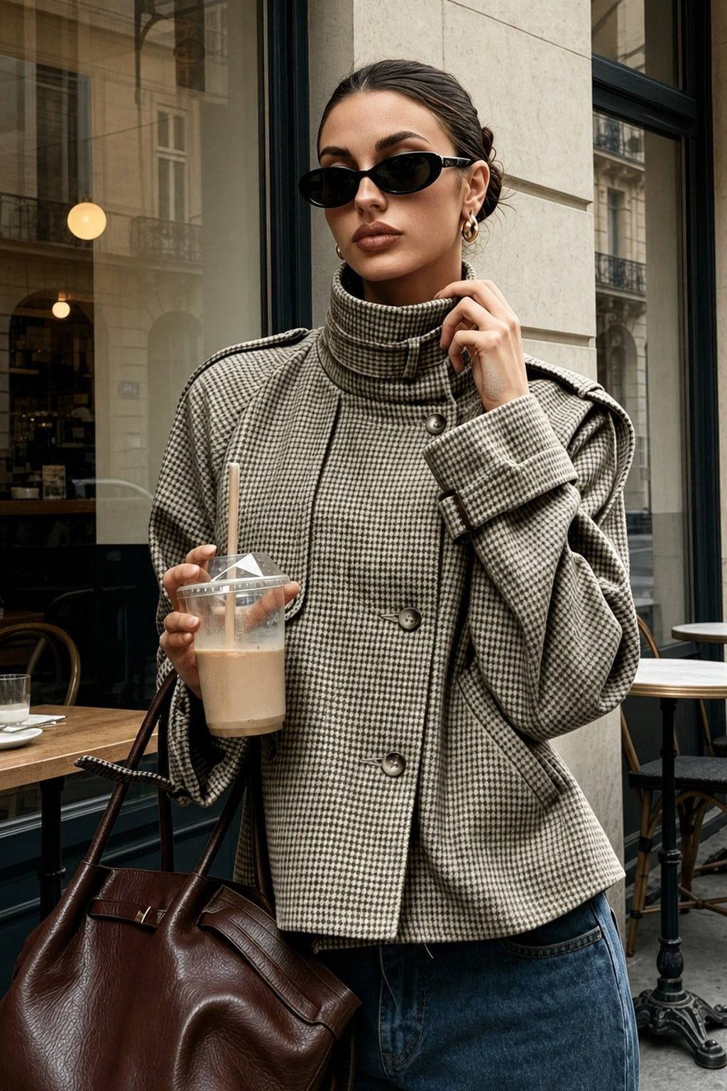 Elegant Houndstooth Cropped Jacket With Stand Collar - 2