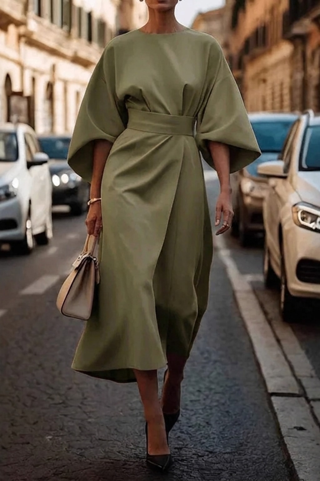 Batwing Sleeve Dress With Cinched Waist - 9