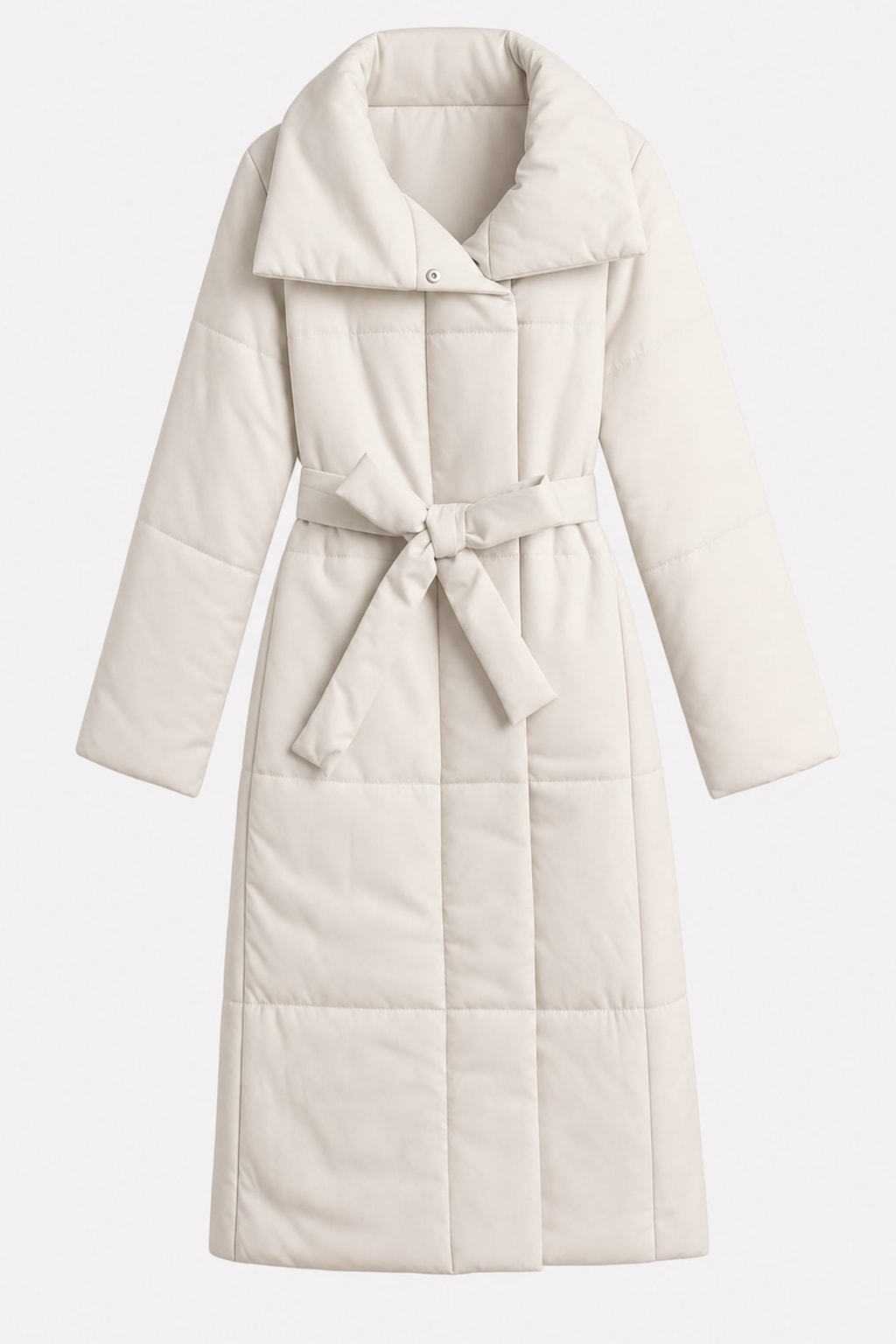 Warm Quilted Cotton Blend Long Coat With Belted Collar - 1