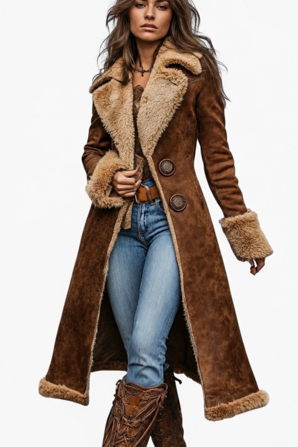 Cozy Faux Suede Long Coat with Faux Fur Lining - 2