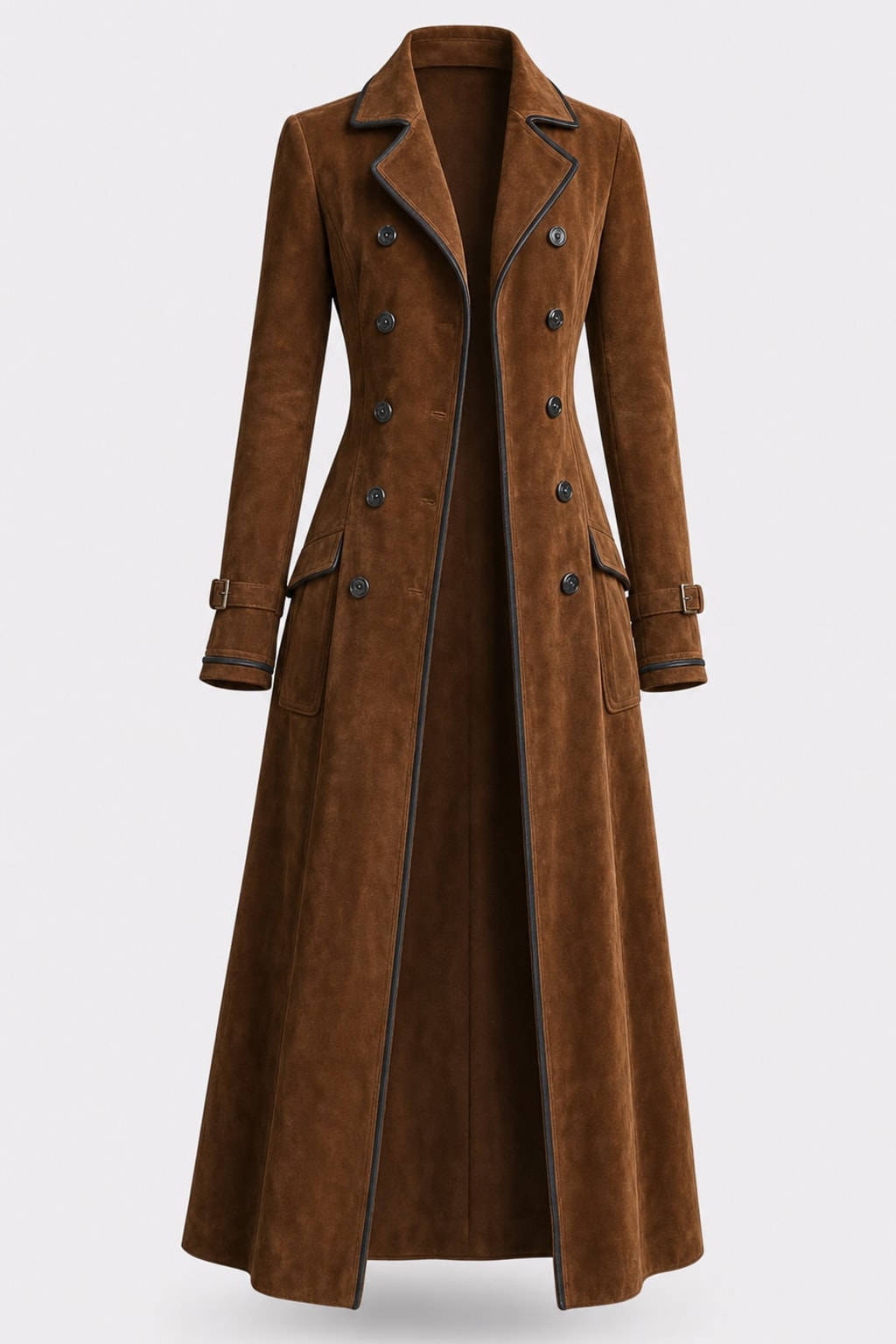 Faux Suede Double Breasted Long Trench Coat - 1