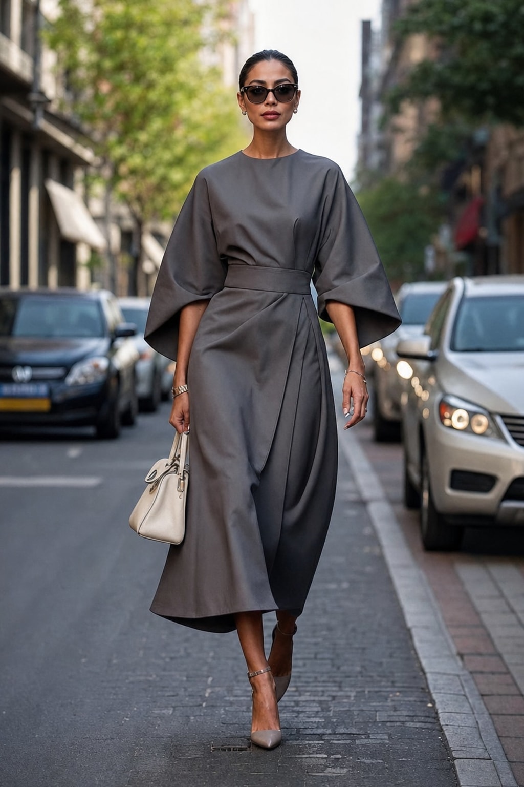 Batwing Sleeve Dress With Cinched Waist - 5