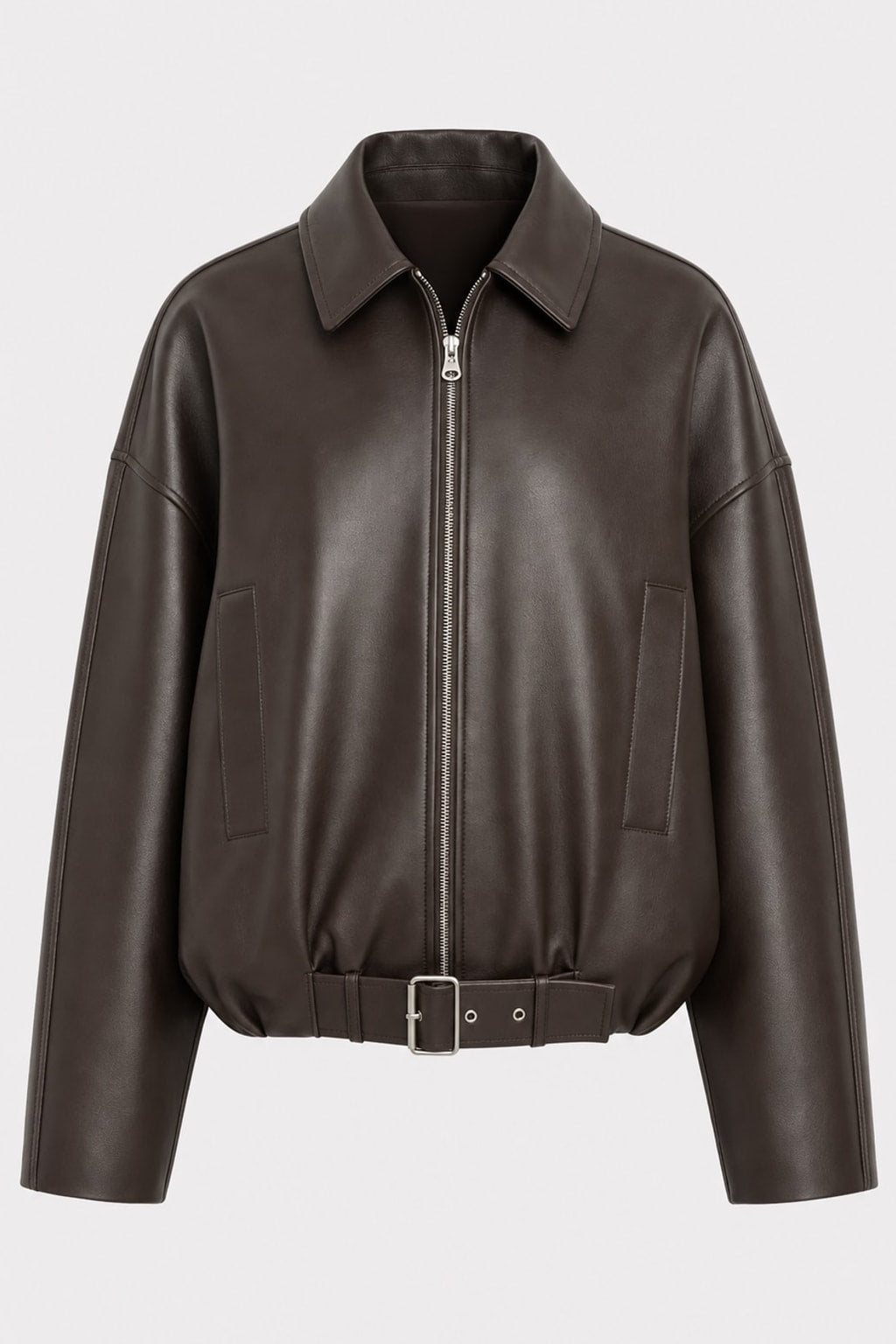 Effortless Leather Jacket with Oversized Belted Fit - 1