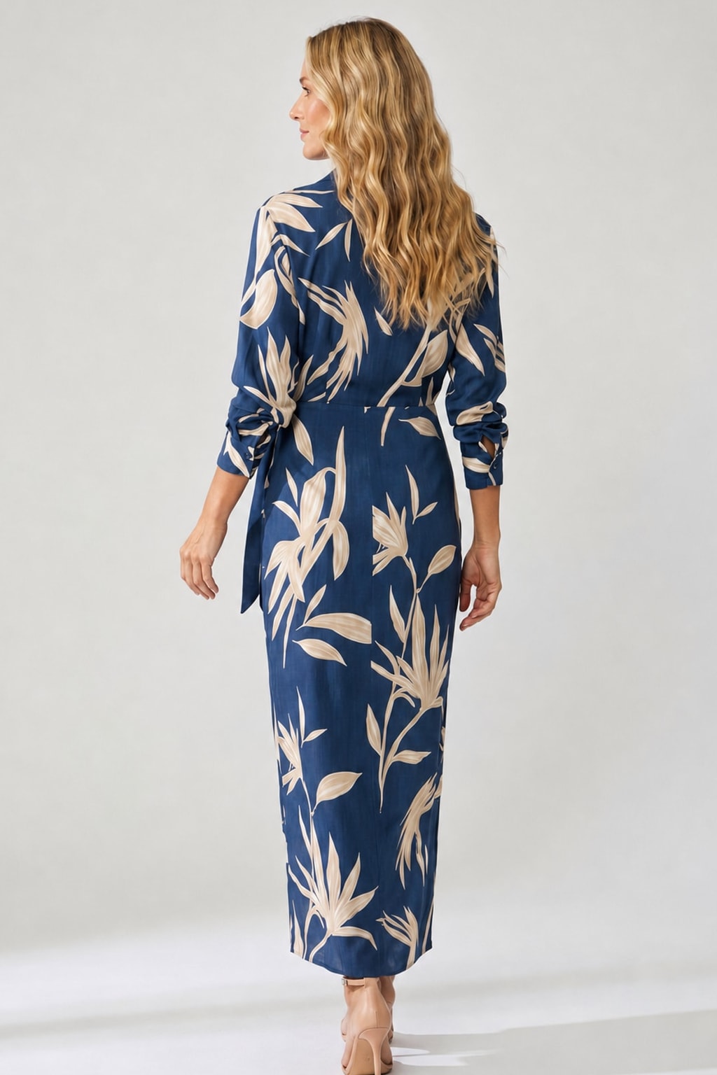 Wrap Maxi Dress with Leaf Print V-Neck - 4