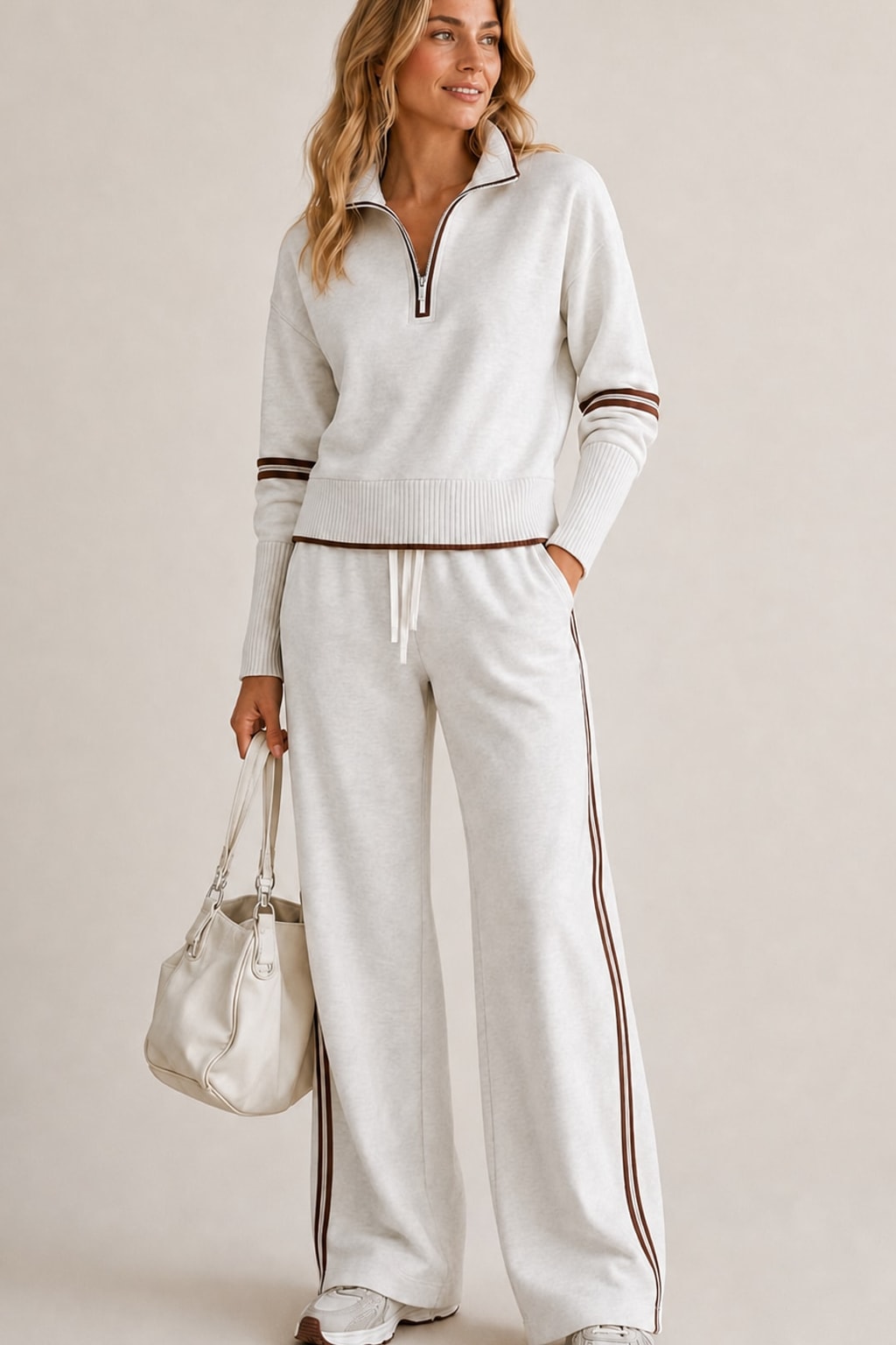 Cotton Blend Half-Zip Sweater and Wide-Leg Pants Set - 4