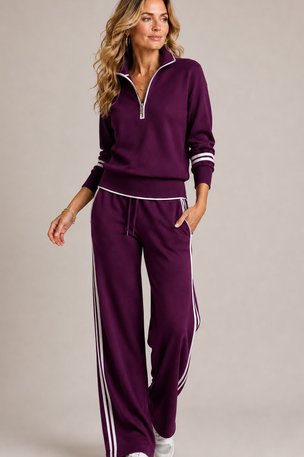 Cotton Blend Half-Zip Sweater and Wide-Leg Pants Set - 5