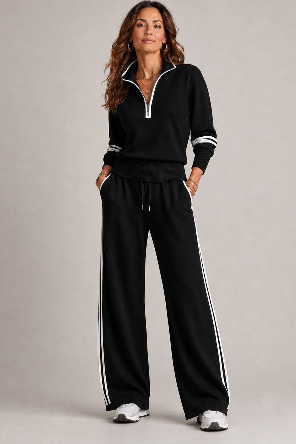 Cotton Blend Half-Zip Sweater and Wide-Leg Pants Set - 2