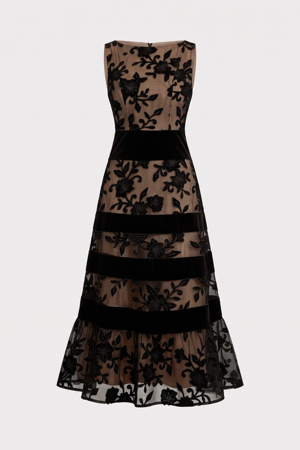 Mesh Lace Colorblock Boat Neck A-Line Midi Dress - 1