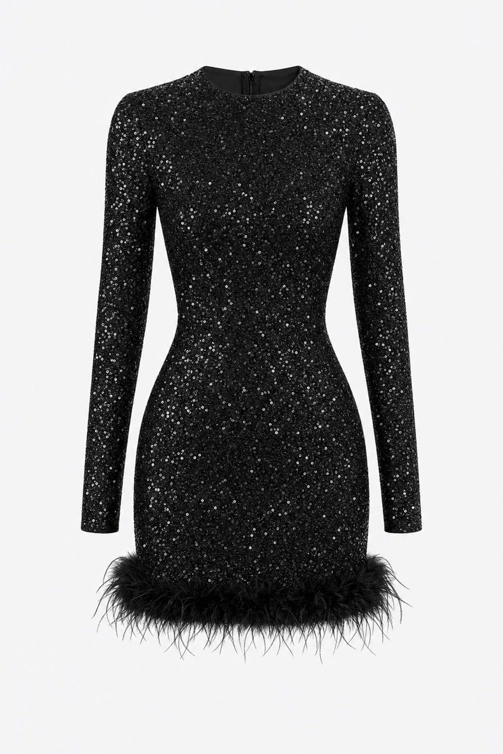 Sequin Long Sleeve Mini Dress with Feather Trim Hem - 1