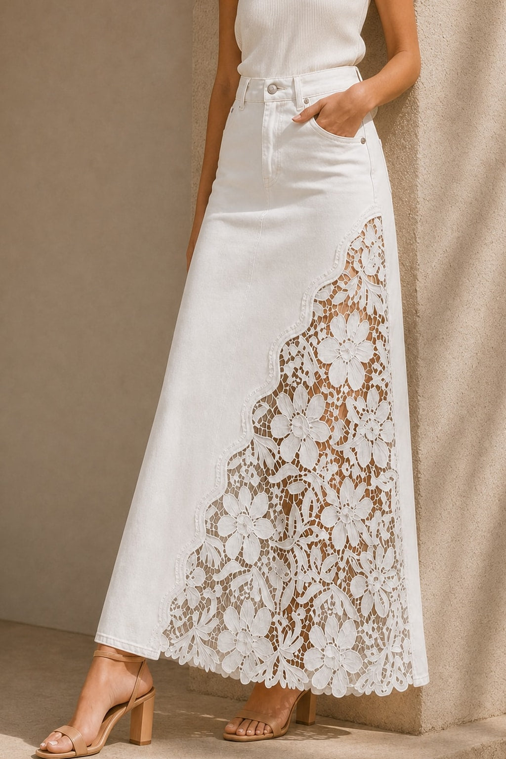 Lace-Panel Maxi Skirt With High-Waist Fit - 2