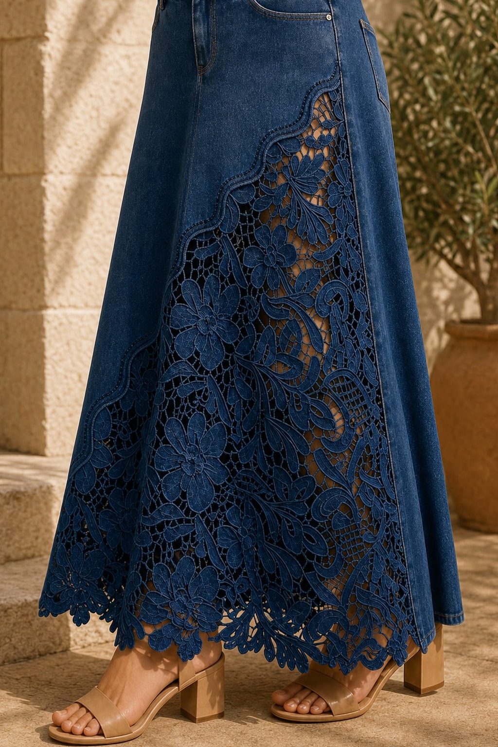 Lace-Panel Maxi Skirt With High-Waist Fit - 10