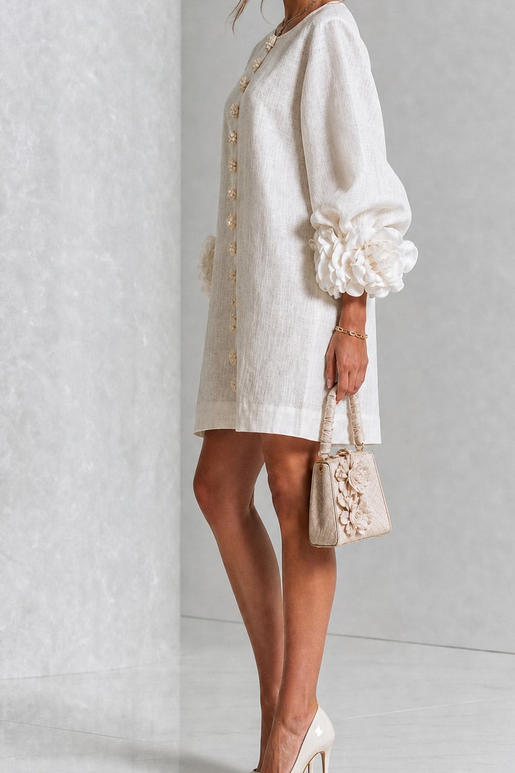 Linen-Look Woven Trapeze Dress With Tie Cuffs - 3