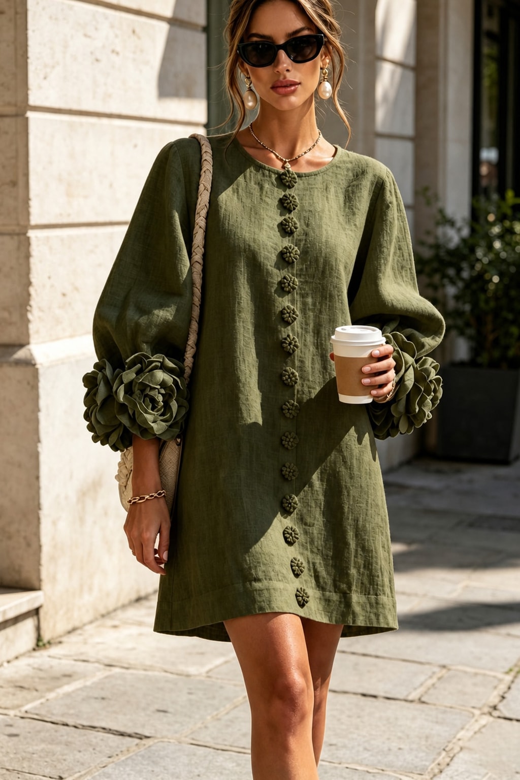 Linen-Look Woven Trapeze Dress With Tie Cuffs - 4