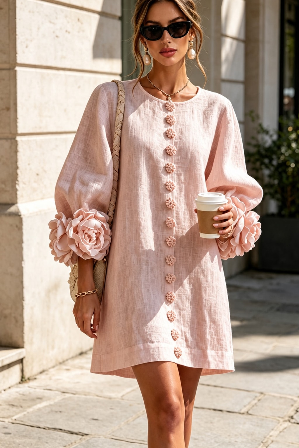 Linen-Look Woven Trapeze Dress With Tie Cuffs - 9