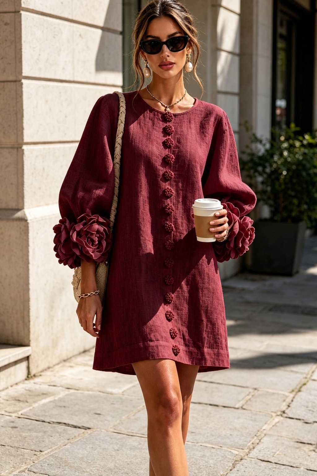 Linen-Look Woven Trapeze Dress With Tie Cuffs - 13