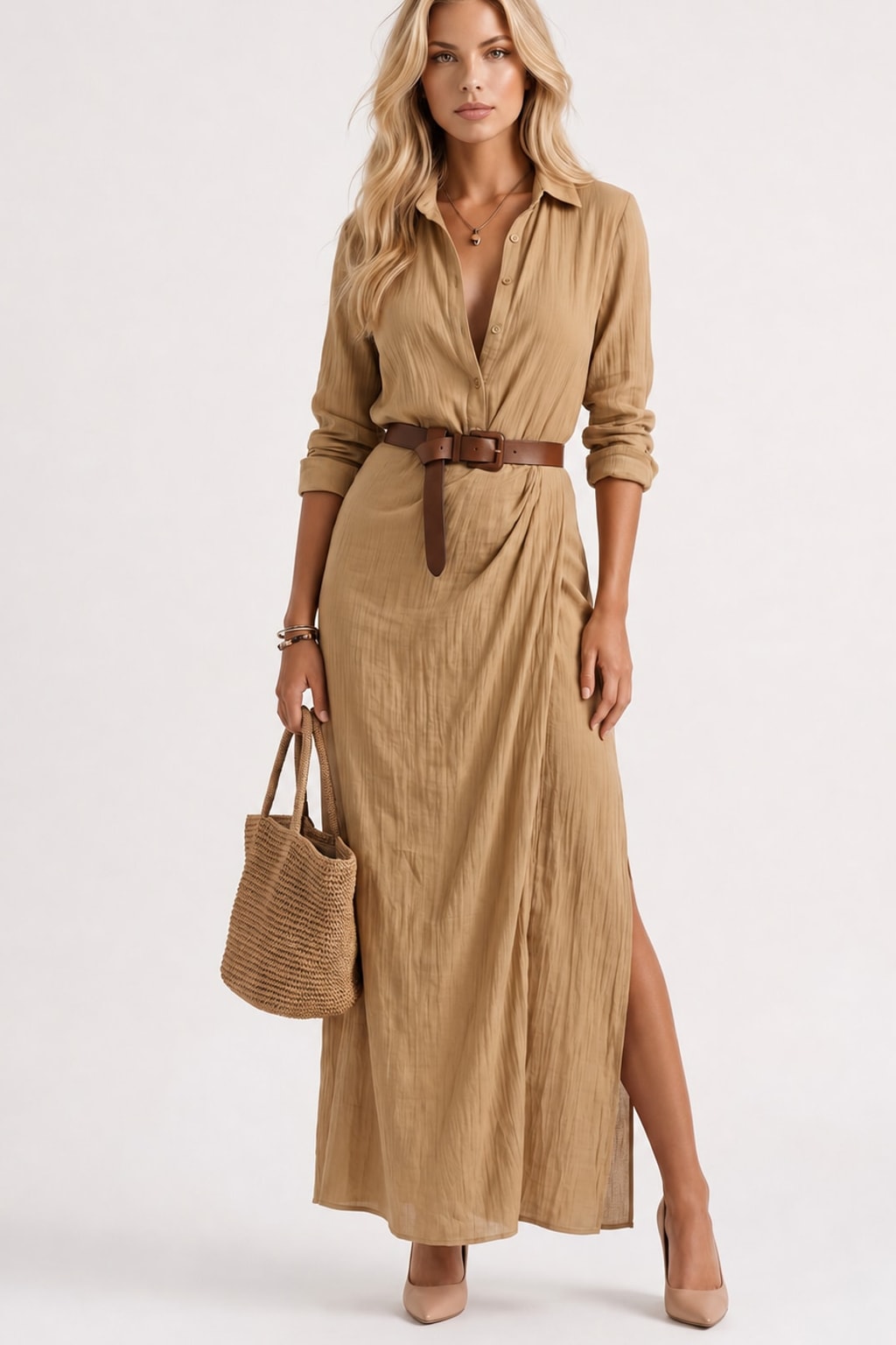 Cotton Collared Maxi Dress With Side Slit - 2