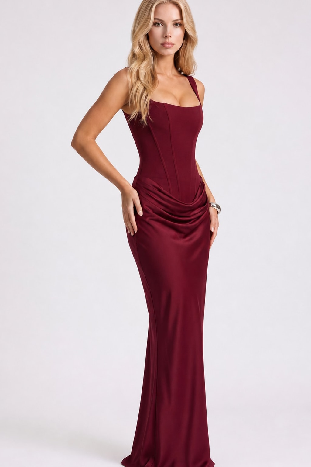Corset Bodice Maxi Dress With Draped Square Neckline - 2