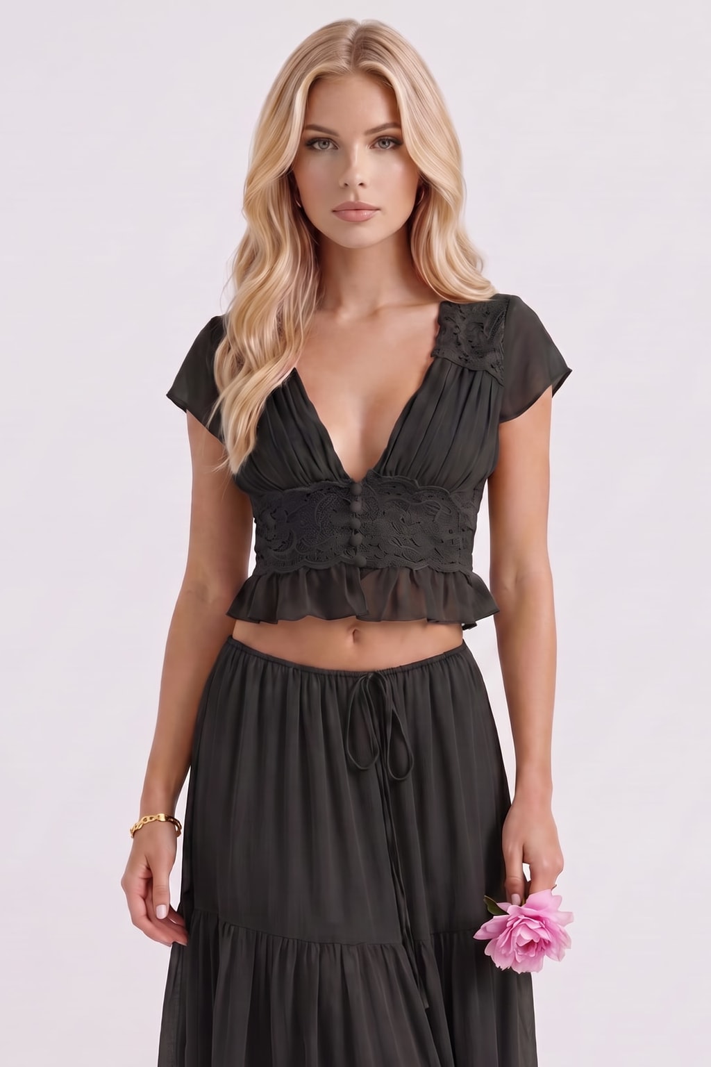 Lace Crop Top Tiered Maxi Skirt Set - 3