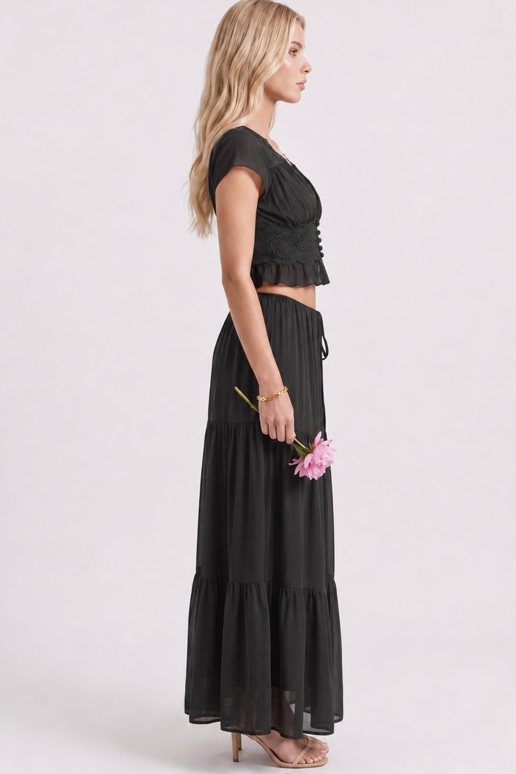 Lace Crop Top Tiered Maxi Skirt Set - 5