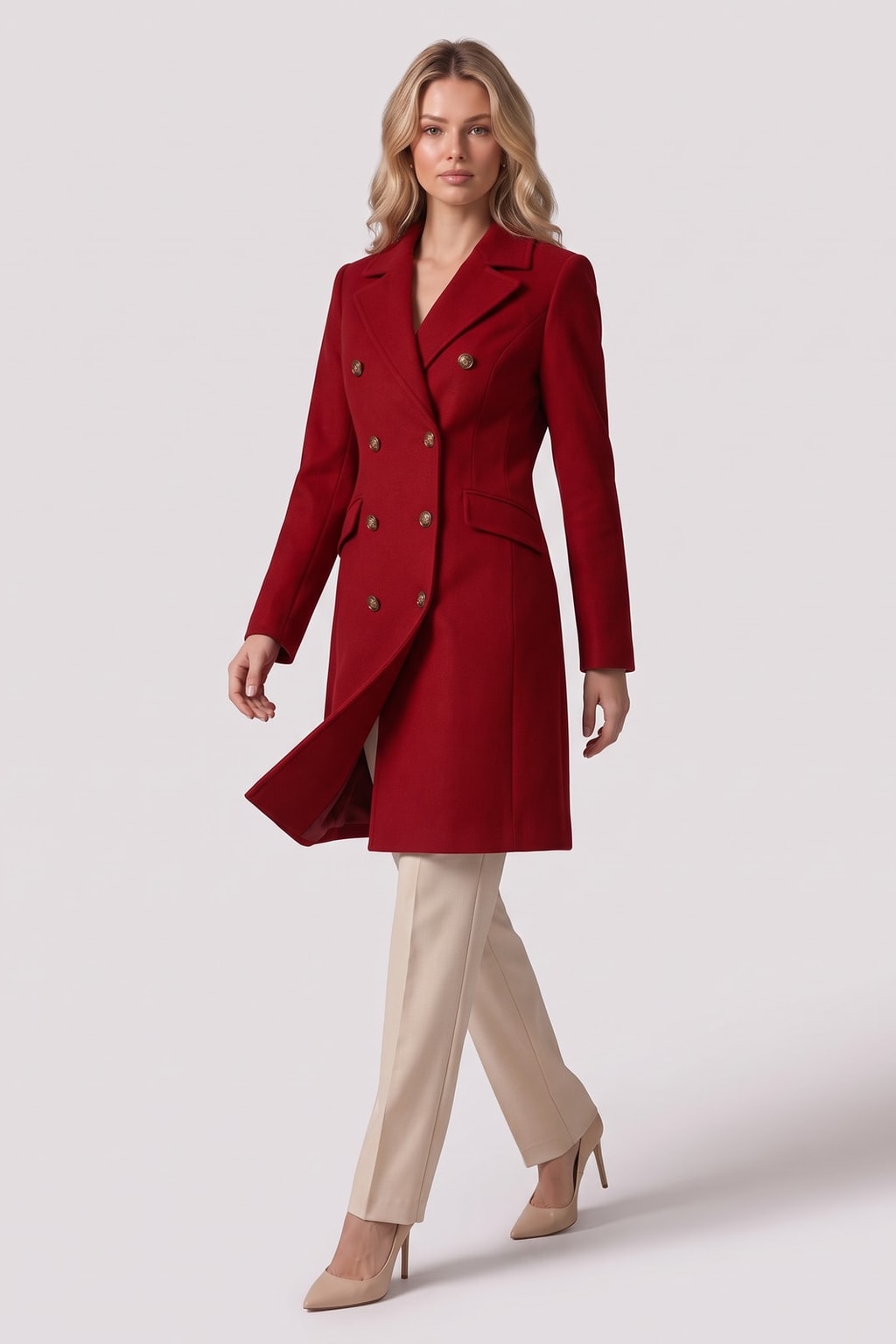 Elegant Notch Lapel Tailored Double Breasted Coat - 3
