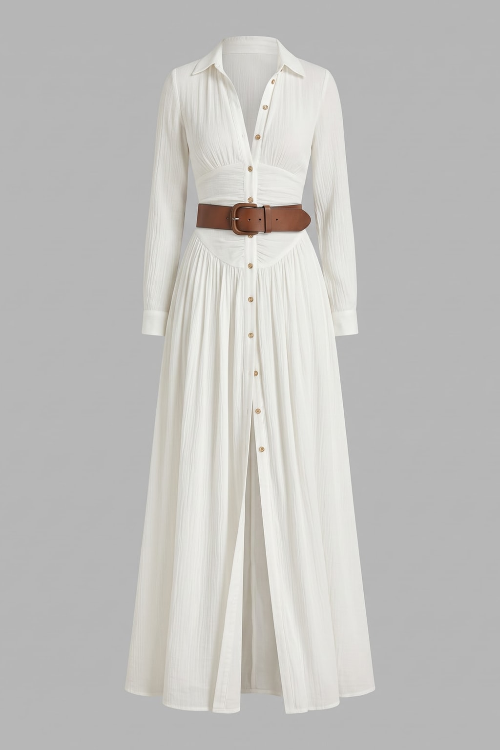 Flowy Pleated Maxi Dress With Long Sleeves - 1