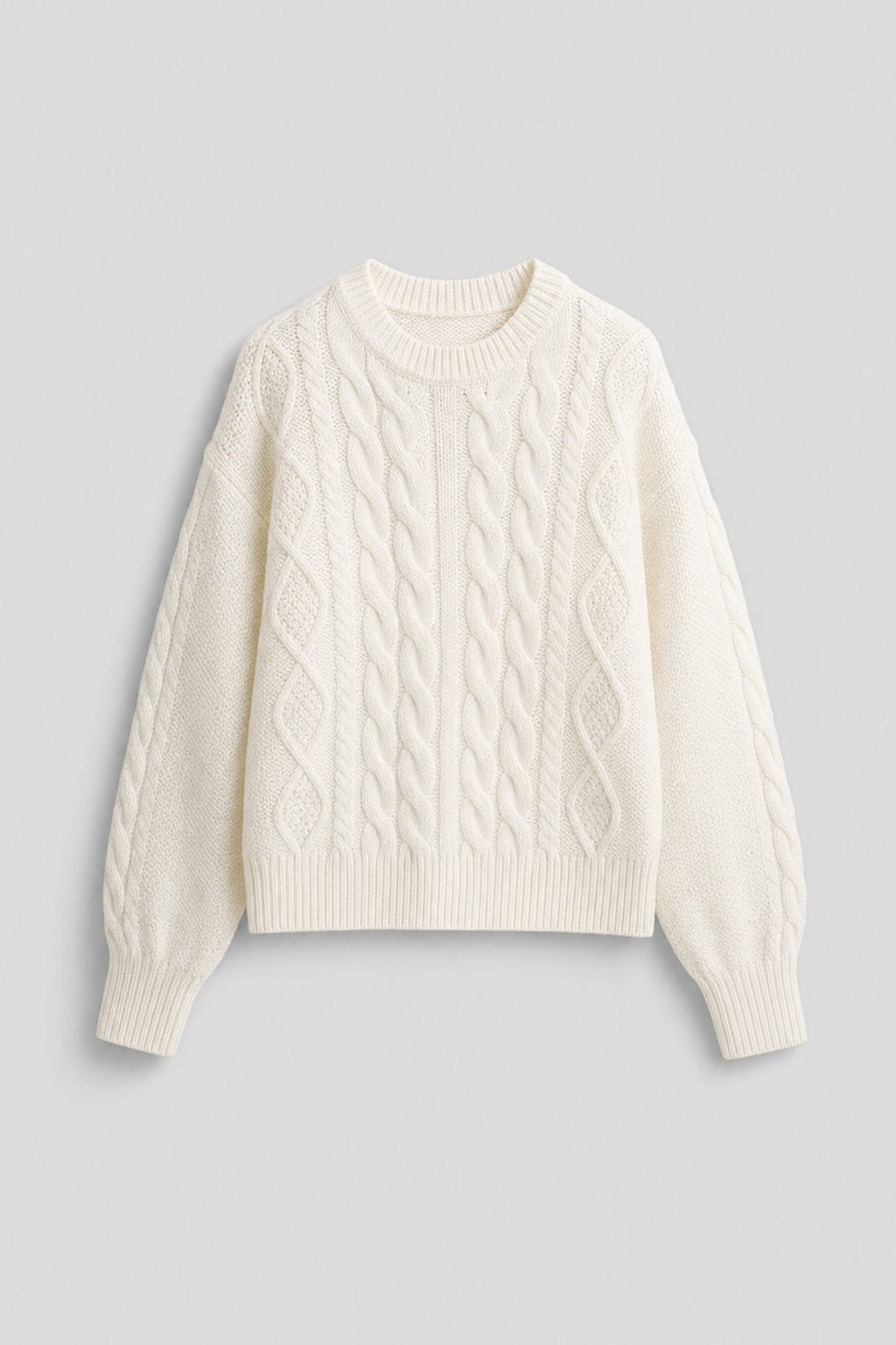 Ribbed Cable Knit Sweater With Round Neck & Long Sleeves - 1